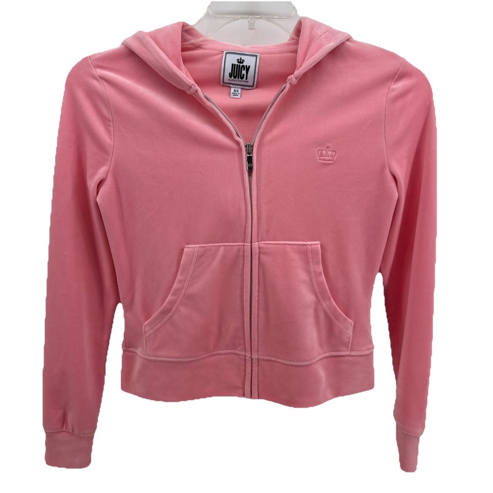 Juicy‎ Couture Women's Pink Cropped Full-Zip Velour Tracksuit Hoodie sz XS